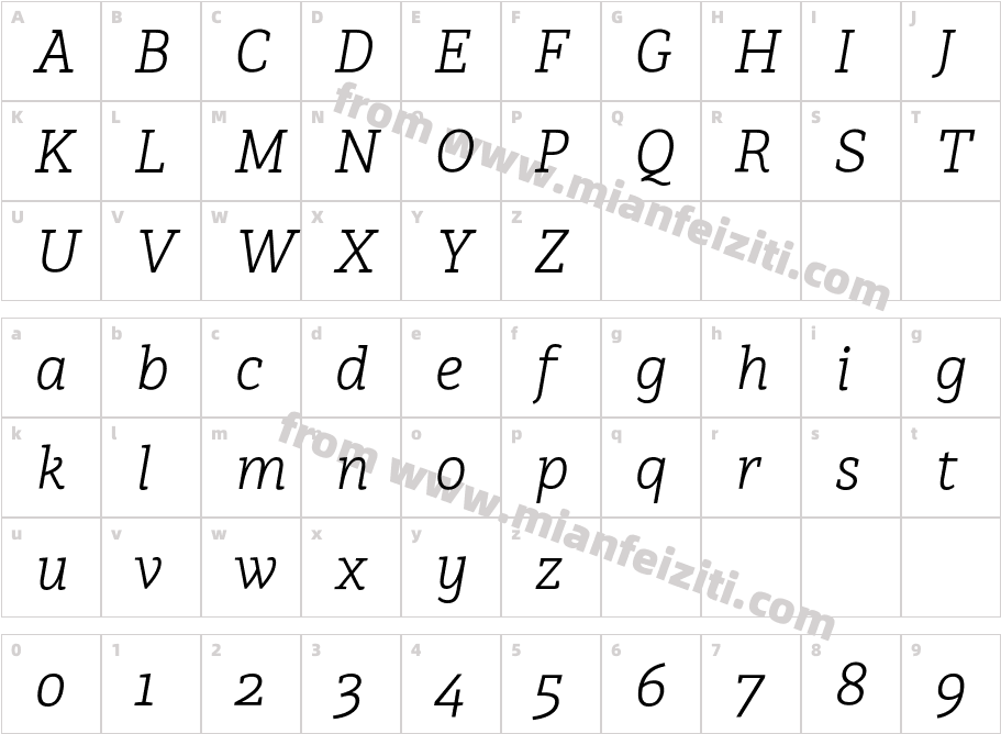 Bianco Slab Light Italic字体映射图