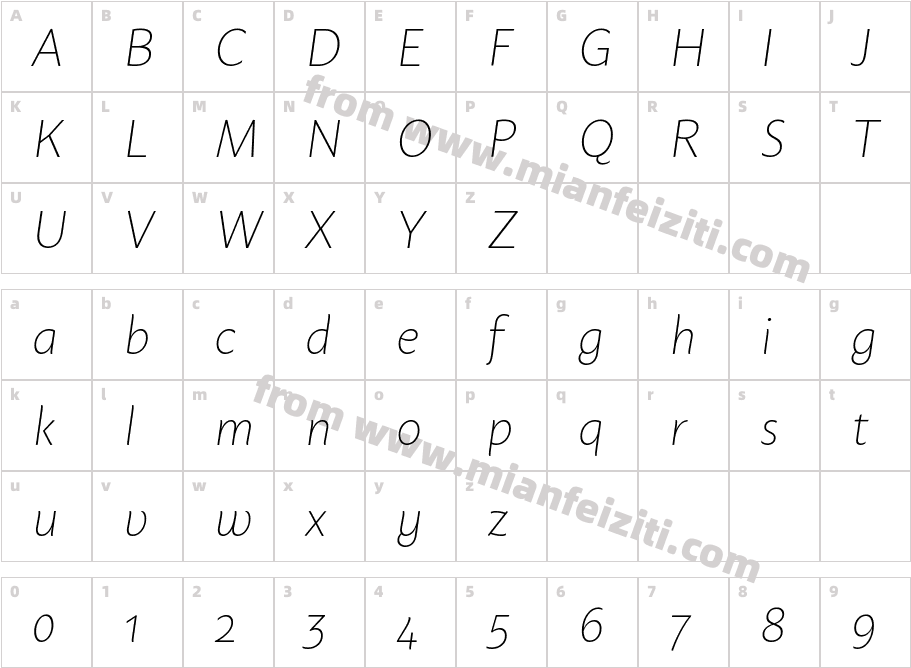 Macho Extra Light Italic字体映射图