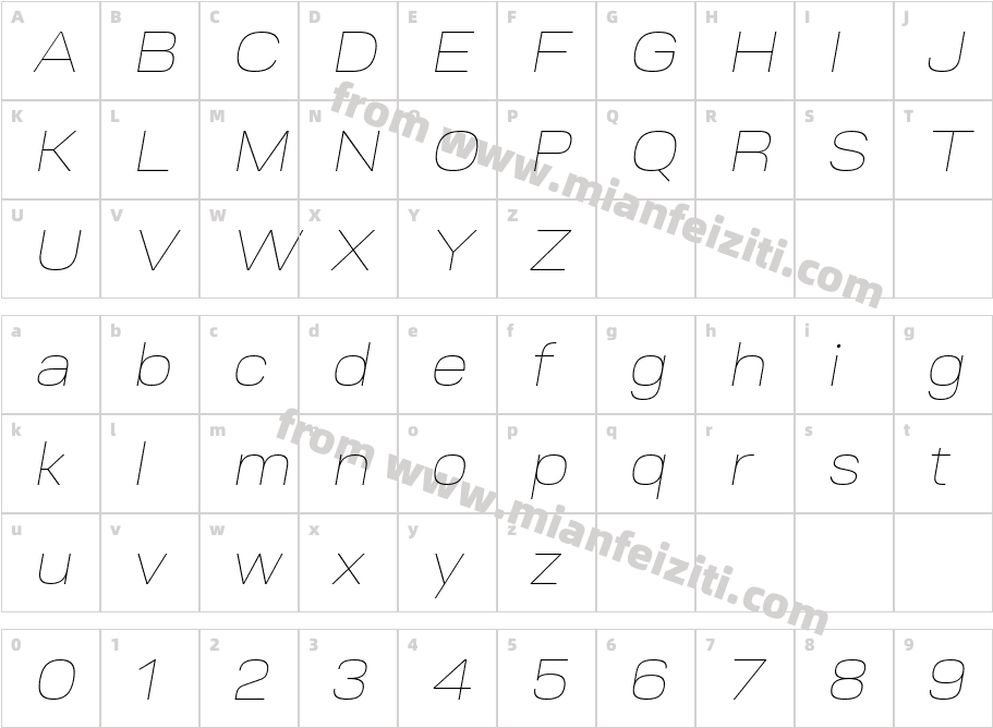 Ruberoid Thin Oblique字体映射图