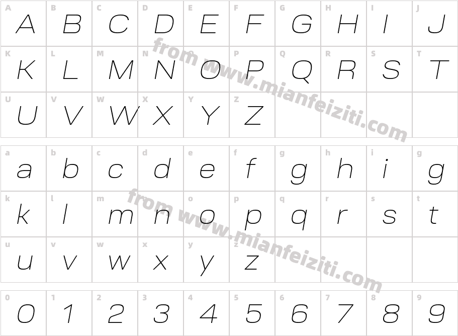 Ruberoid Ultra Light Oblique字体映射图