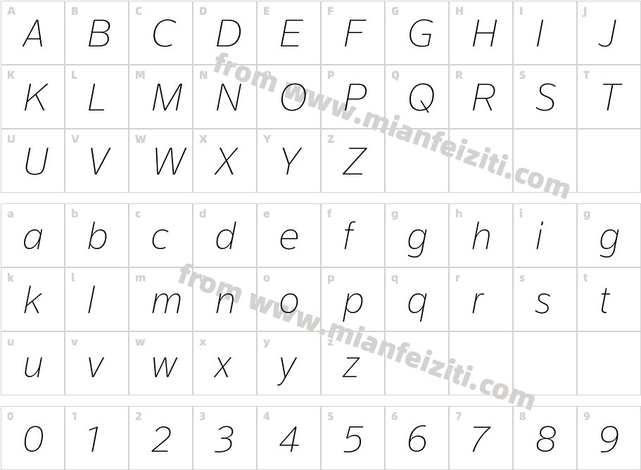 XFINITY Standard Thin Italic字体映射图