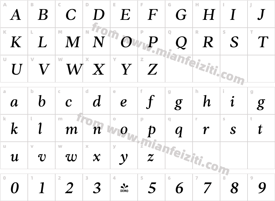 FSP DEMO Ozzie Medium Italic Regular字体映射图