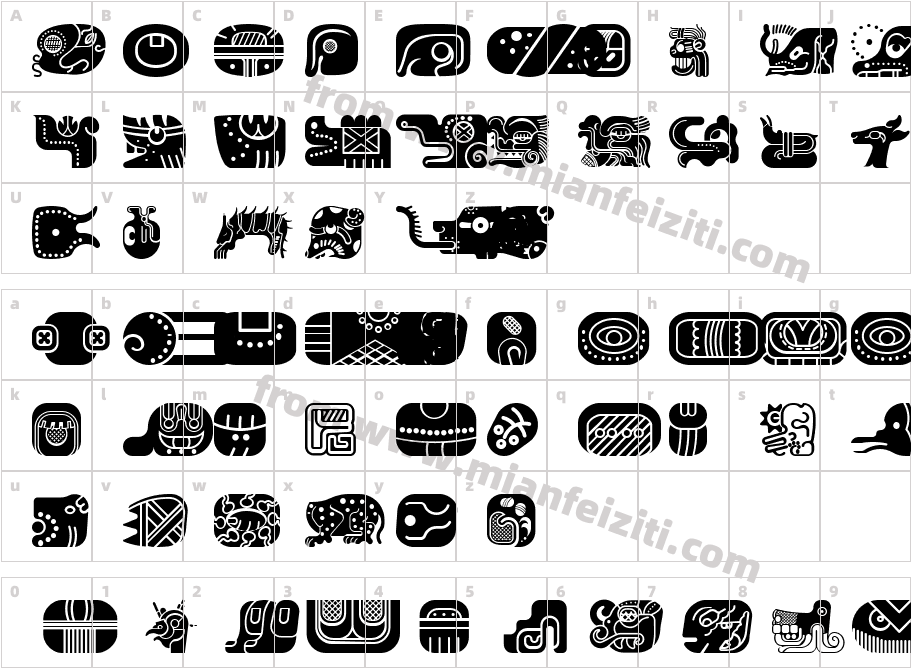 mayan glyphs fill Regular字体映射图
