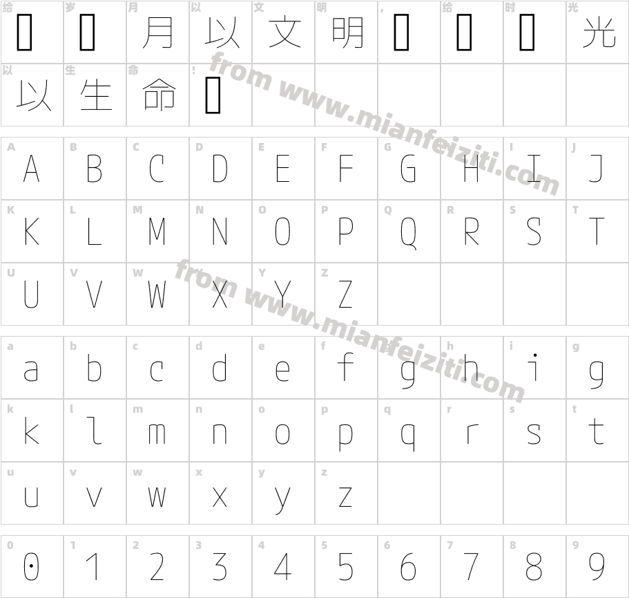 M PLUS 1 Code Thin字体映射图
